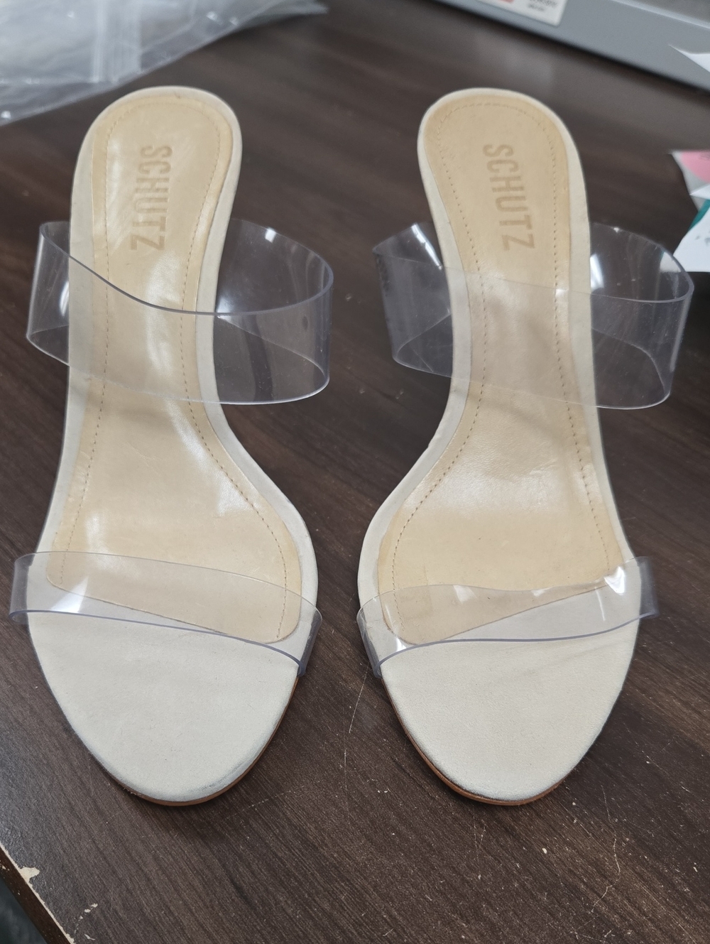 SCHUTZ Size 7.5B Beige Slide Heels with Clear Vinyl Straps